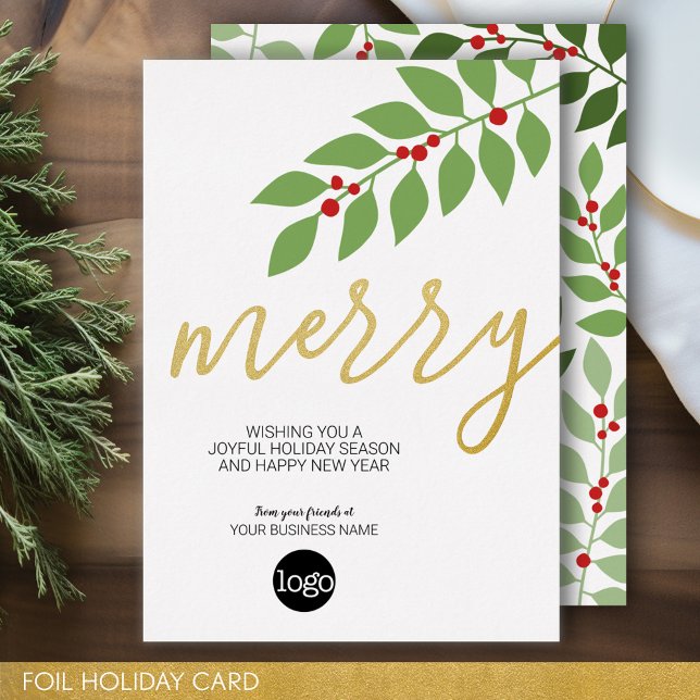 Business Christmas Greeting - Merry -  (Business Holiday Card - Add Your Logo to this Foil Accented Office Card)
