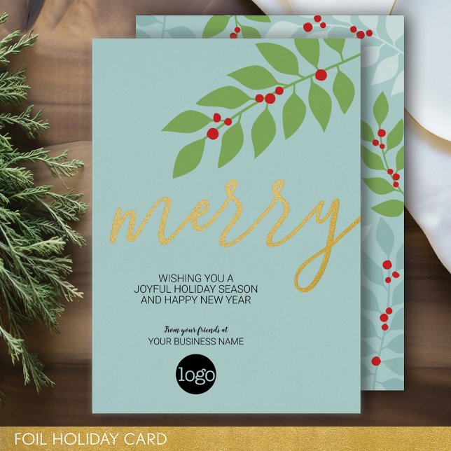 Business Christmas Greeting - Merry Aqua - (Business Holiday Card - Add Your Logo to this Foil Accented Office Card)