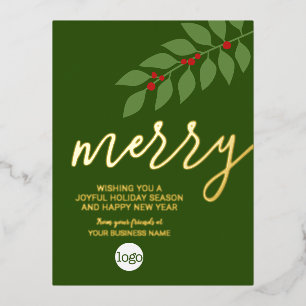 Business Christmas Greeting Merry Green Leaf Gold Foil Holiday Postcard