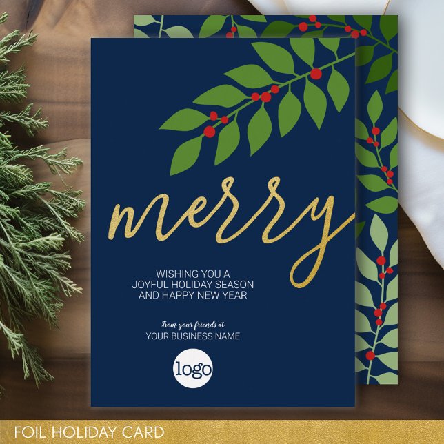 Business Christmas Greeting - Merry - Navy (Business Holiday Card - Add Your Logo to this Foil Accented Office Card)