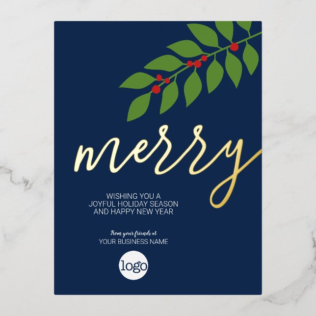 Business Christmas Greeting Merry Navy Leaf Gold Foil Holiday Postcard (Front)