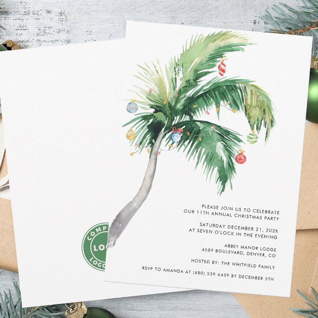 Business Christmas Holidays Party Invitation (Business Logo Christmas Office Party Invitation with Decorated Palm Tree)