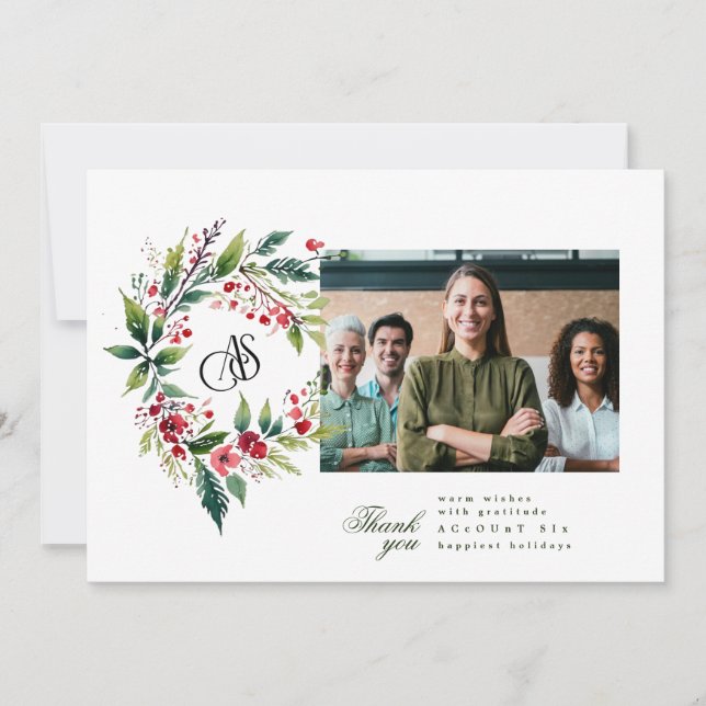 Business Christmas Logo Wreath Photo Holiday Card (Front)