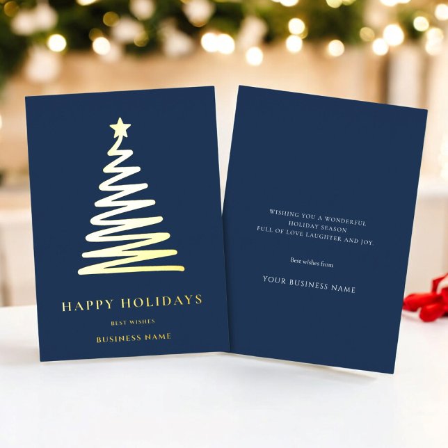  Business Christmas  Modern minimal blue Corporate (business corporate christmas card , modern minimal gold and navy blue real foil overlay)