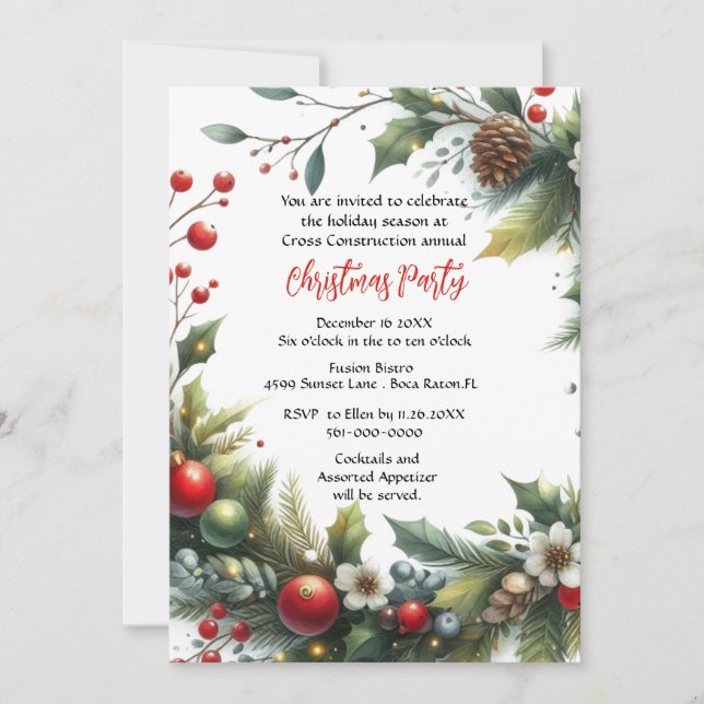 Business Christmas Party Wreath with Poinsettia  I Invitation (Front)