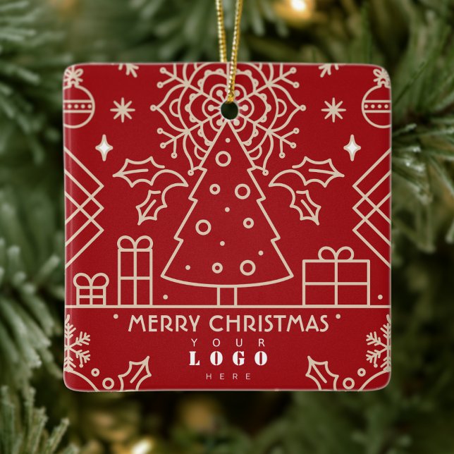 Business Company logo Merry Christmas Red Gold Art Ceramic Ornament (Creator Uploaded)