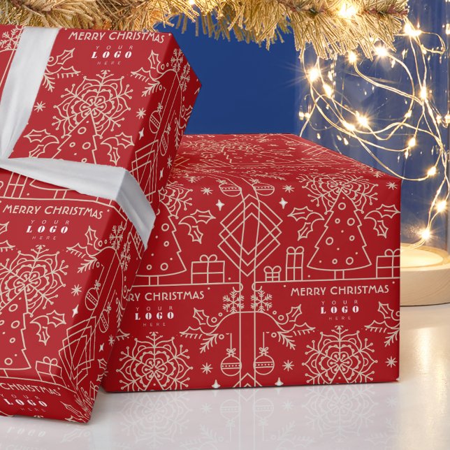 Business Company logo Merry Christmas Red Gold Art Wrapping Paper (Creator Uploaded)