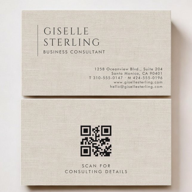 Business Consultant Luxury Neutral Linen QR Code Business Card (Creator Uploaded)
