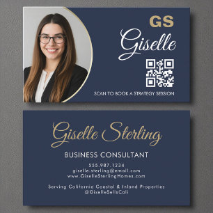 Business Consultant Navy Blue Gold Photo QR Code  Business Card