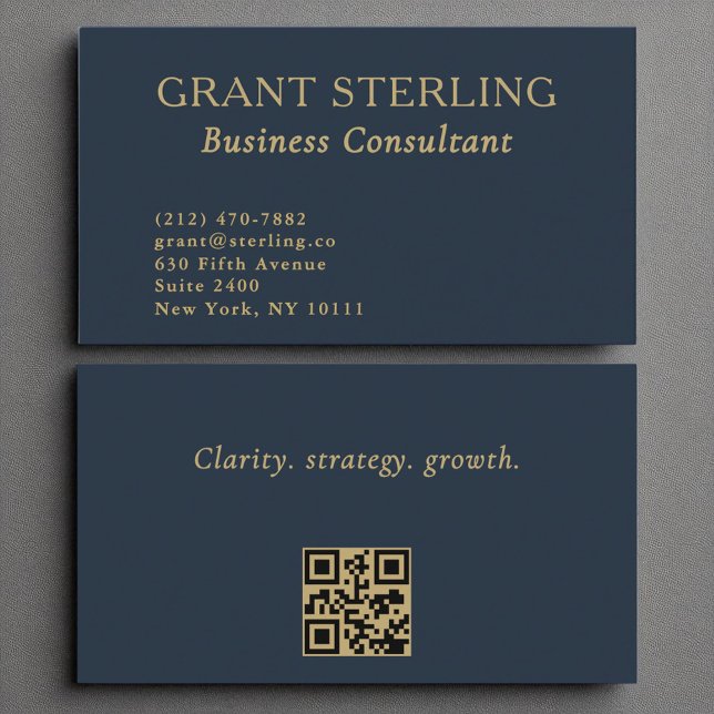 Business Consultant Navy Blue Gold QR Code  Business Card (Creator Uploaded)