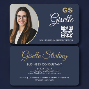 Business Consultant Photo QR Code Navy Blue Gold Business Card