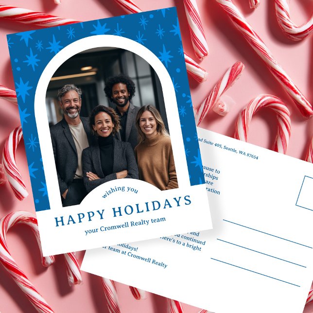 Business Corporate Holiday Stars CUSTOM Arch PHOTO Postcard (Business Corporate Holiday Blue Stars CUSTOM Arch PHOTO Christmas Hanukkah Postcard
)