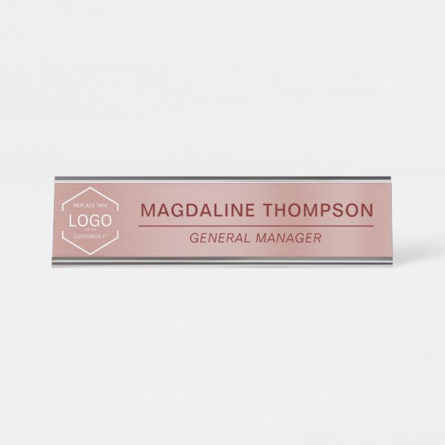 Business Corporate Logo Rose Gold Metallic Desk Name Plate (Front)