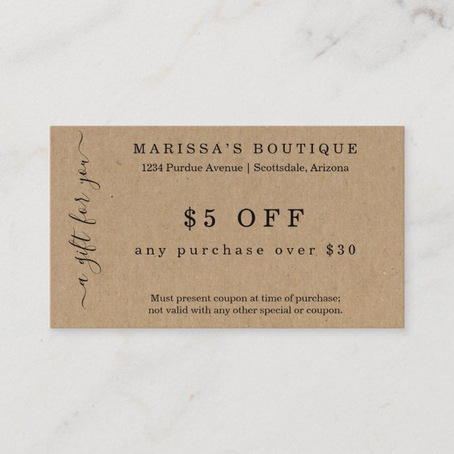 Business Coupon Card on Kraft Paper (Front)
