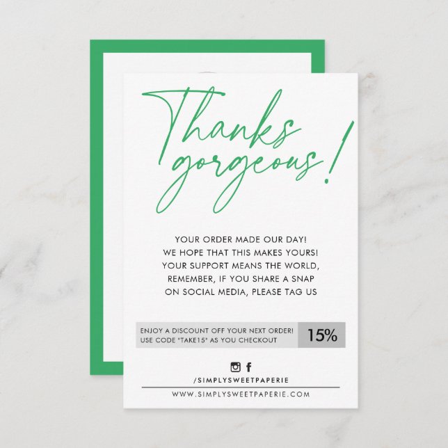 BUSINESS DISCOUNT modern ball pen green Thank You Card (Front/Back)