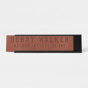 Business Embossed Personalised Brown Vegan Leather Desk Name Plate