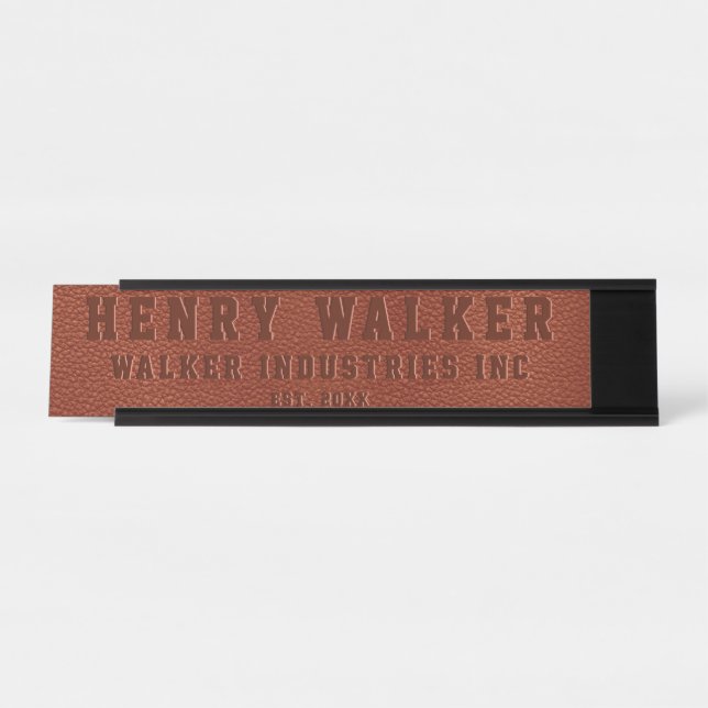 Business Embossed Personalised Brown Vegan Leather Desk Name Plate (Front)