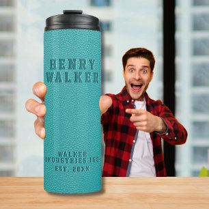 Business Embossed Turquoise Teal Vegan Leather Thermal Tumbler