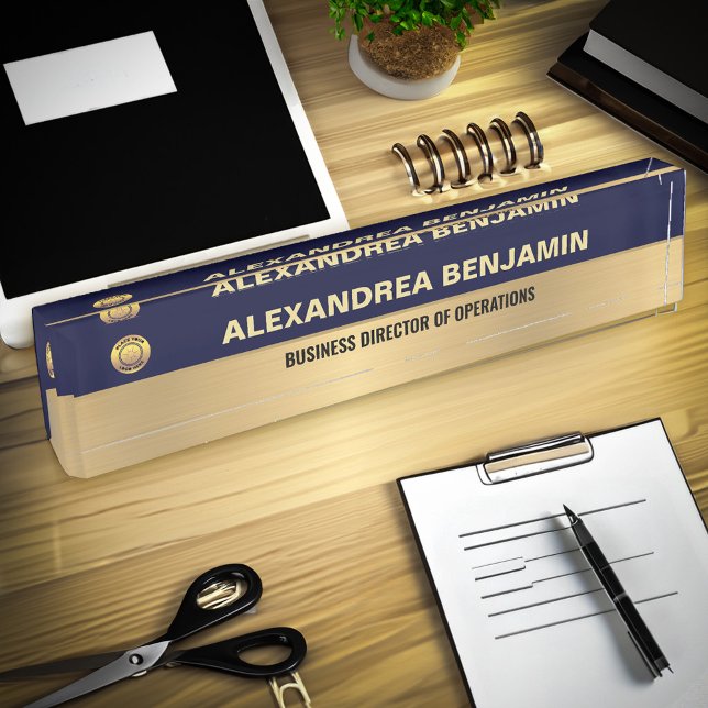 Business Employee Logo Gold Blue Modern Custom Nameplate (Business Employee Logo Gold Blue Modern Custom Desk Name Plate is elegant for your desk. )