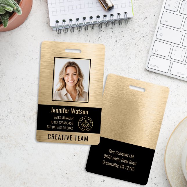 Business Employee Photo Faux Brushed Gold Black ID ID Badge (Creator Uploaded)