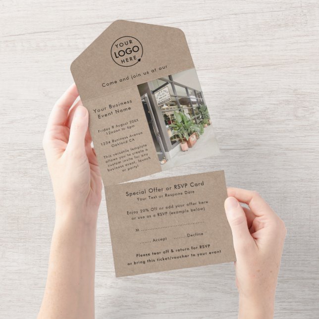 Business Event | Rustic Kraft Logo Photo Tear-Off All In One Invitation (Tearaway)