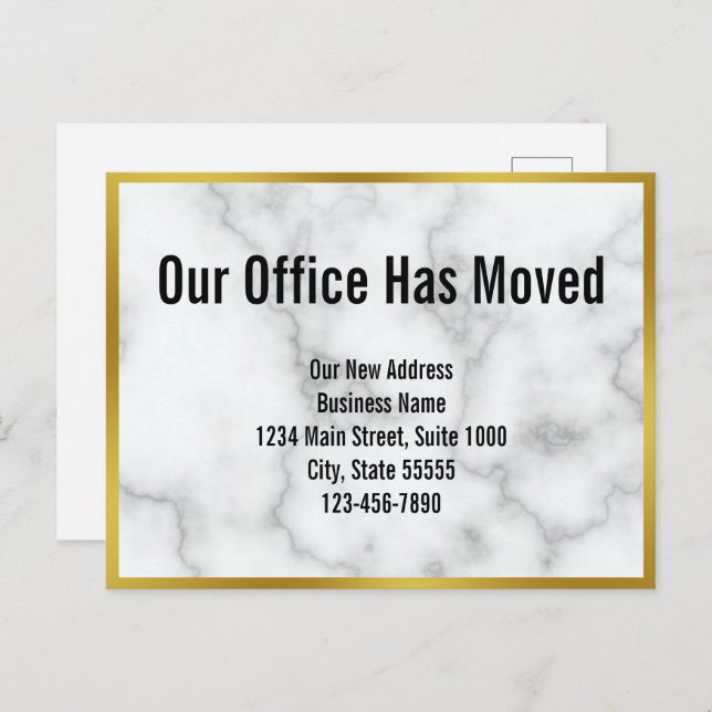 Business Faux White Marble Our Office Has Moved Announcement Postcard (Front/Back)