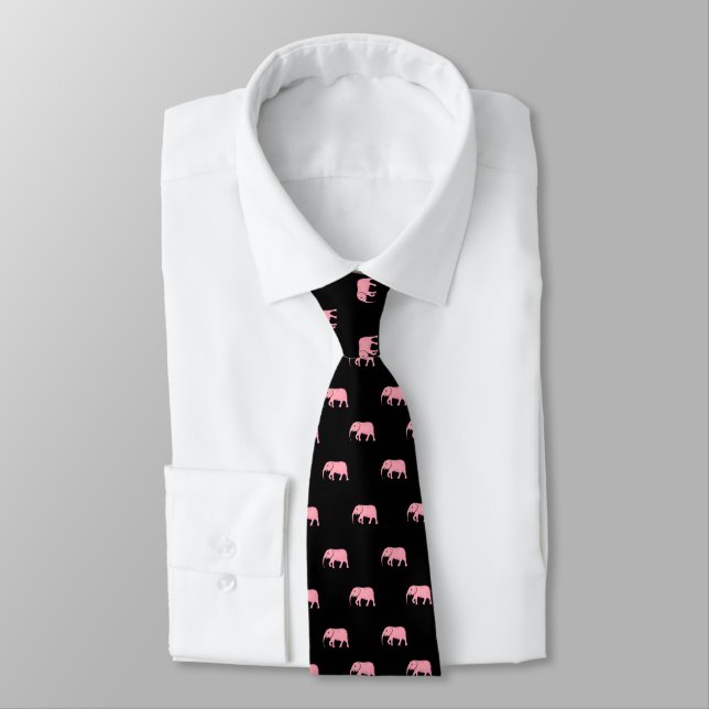 Business Festive Pattern Cute Black Pink Elephants Tie (Tied)