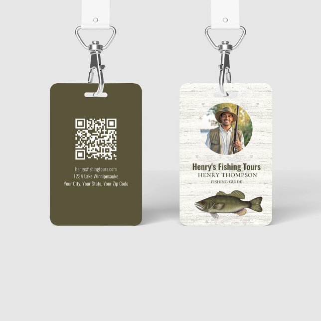 Business Fishing Resort QR Code Photo ID Badge (Fishing guide photo and QR code badge ID)