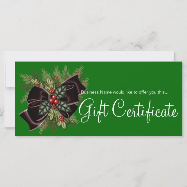Business Gift Certificate Mistletoe & Dark Red Bow (Front)