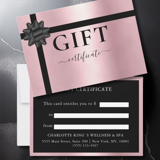 BUSINESS GIFT CERTIFICATE PINK | Modern | Ribbon (BUSINESS GIFT CERTIFICATE | modern, minimal, ribbon. Black & Rosegold.)