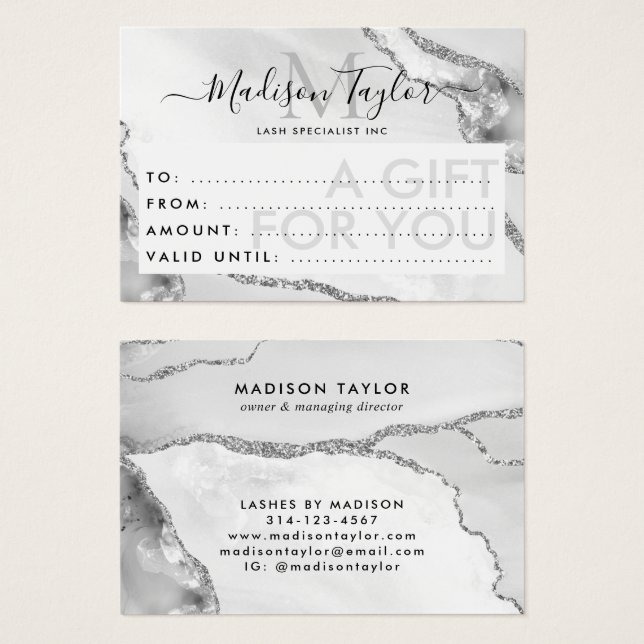 Business Gift Certificate Silver Glitter Agate (Front & Back)