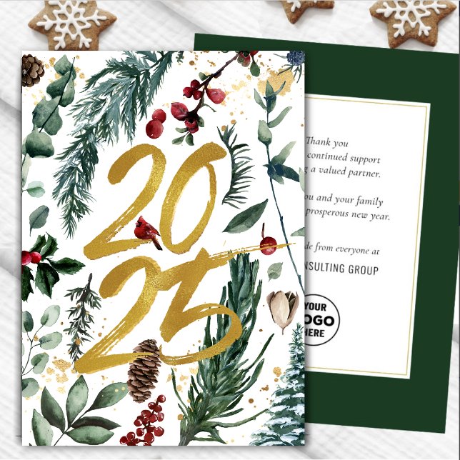 Business Gold 2025 Festive Christmas Pine Bough Holiday Card (Creator Uploaded)