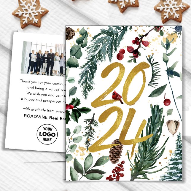 Business Gold 2025 Festive Christmas Pine Bough Holiday Postcard (Creator Uploaded)