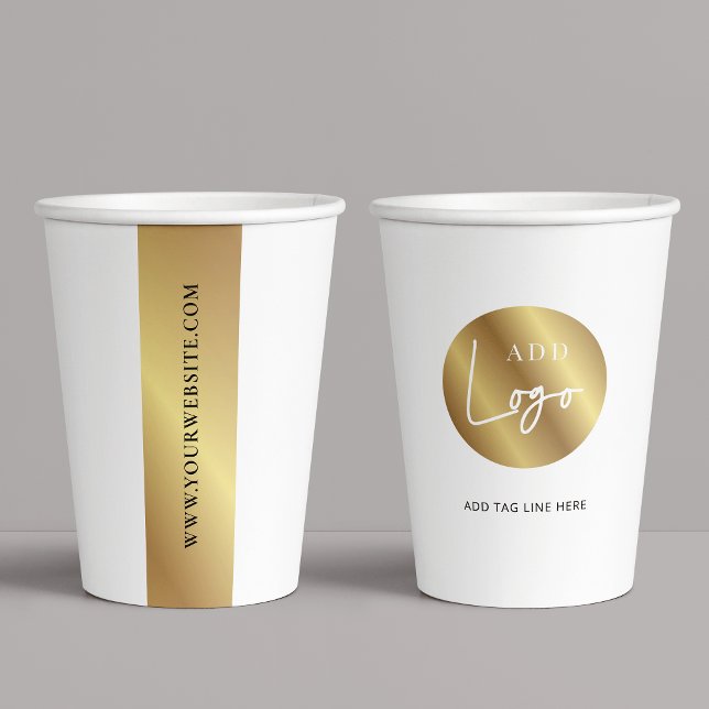 Business Gold Logo Branded Company Event Paper Cups (Elegant white and gold logo branded coffee paper cups with space for your custom text)