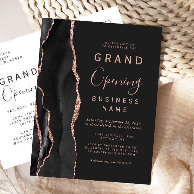 Business Grand Opening Black Rose Gold Agate Dark  Postcard (Creator Uploaded)