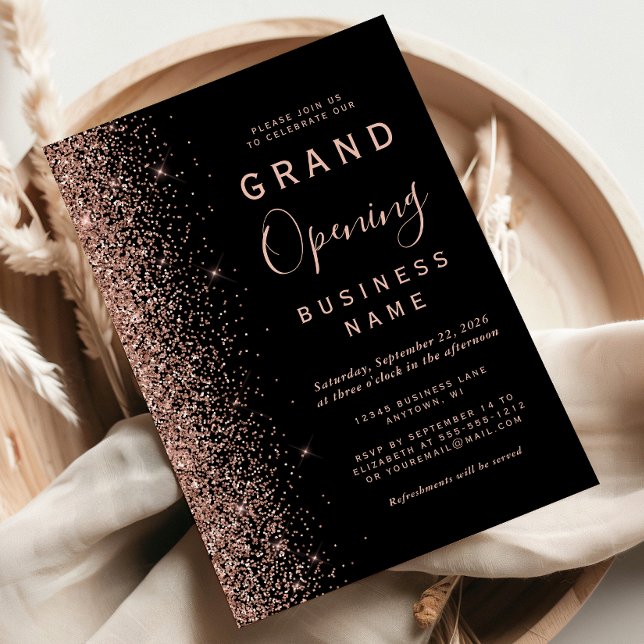 Business Grand Opening Black Rose Gold Glitter Invitation (Creator Uploaded)