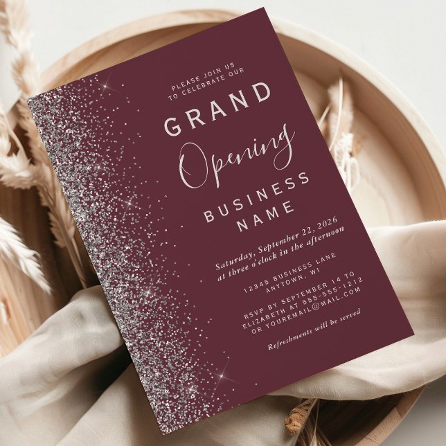 Business Grand Opening Burgundy Silver Glitter Invitation (Creator Uploaded)