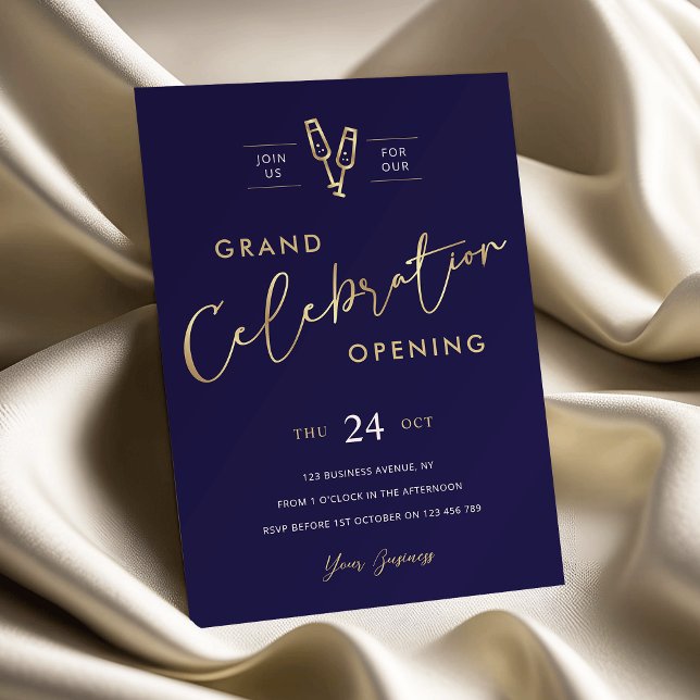 Business Grand Opening Chic Navy Blue & Faux Gold Invitation (Elegant navy and faux gold business grand opening invitation)