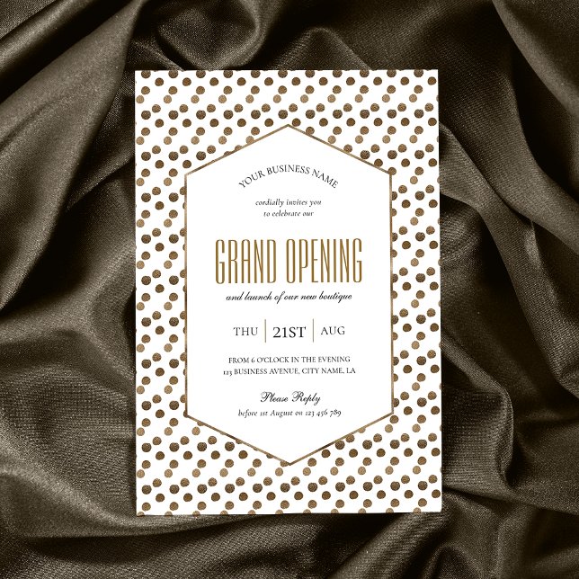 Business Grand Opening Elegant Gold Chic Corporate Invitation (Elegant white and gold glitter business event invitation design with hexagon frame and gold effects)