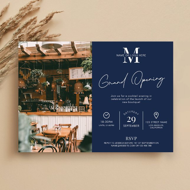 Business Grand Opening Navy Logo Minimalist Photo Invitation (Modern Navy Business Grand Opening Invitation with photo)