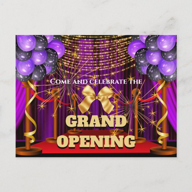 Business grand opening purple gold sparklers party announcement postcard (Front)