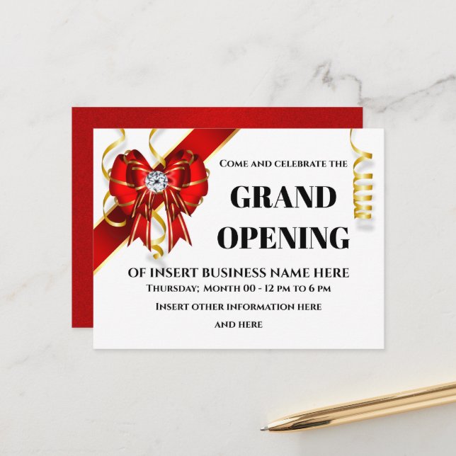 Business grand opening red gold bow ribbon guests announcement postcard (Front/Back In Situ)