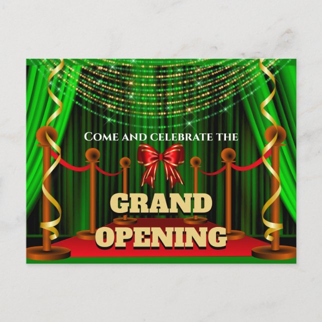 Business grand opening red green gold VIP party Announcement Postcard (Front)