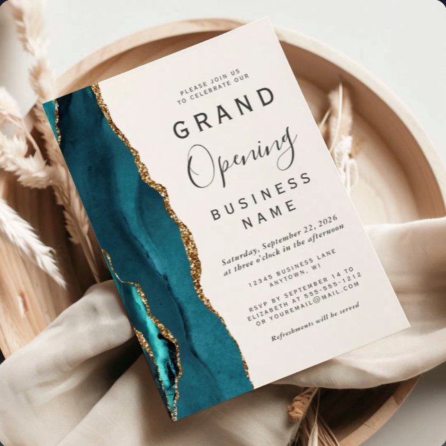 Business Grand Opening Teal Gold Agate Invitation (Creator Uploaded)