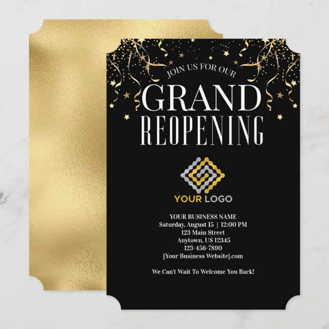 Business Grand Reopening Logo Faux Gold Confetti Invitation (Front/Back)