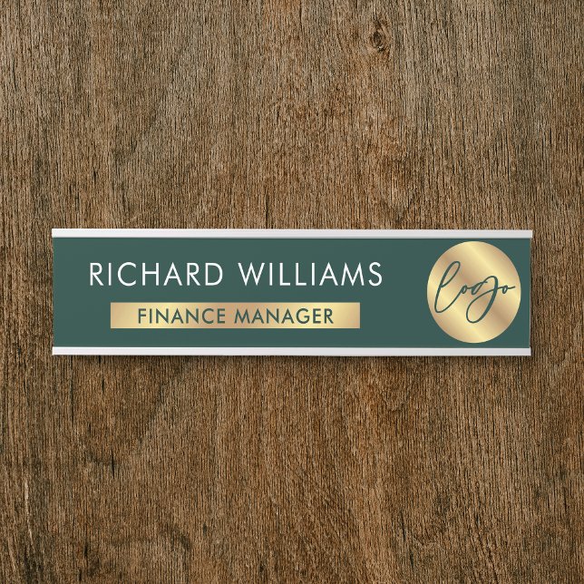 Business Green & Gold Logo Employee Name Job Title Door Sign (Green and gold effect corporate door sign with your logo, name and job title)
