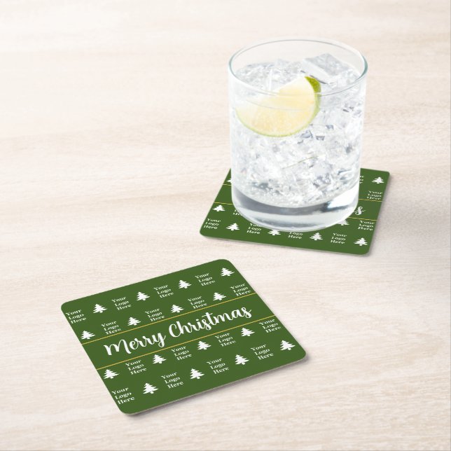 Business Green White Christmas Trees Your Logo Square Paper Coaster (Insitu)