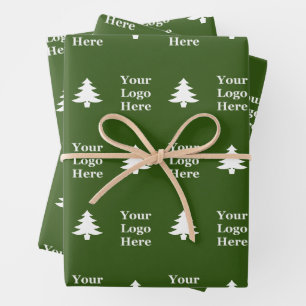 Business Green White Christmas Trees Your Logo Wrapping Paper Sheet