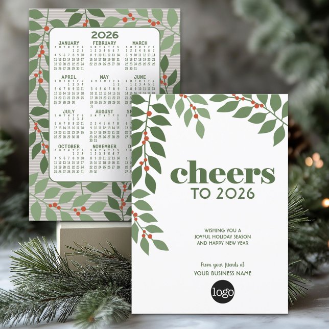 Business Greeting - Calendar and Logo - Greenery Holiday Card (2026 Calendar on a Business Holiday Card with Logo)