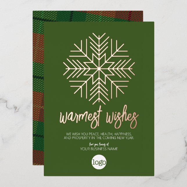 Business Greeting Green Plaid Warmest Wishes Rose (Front/Back)